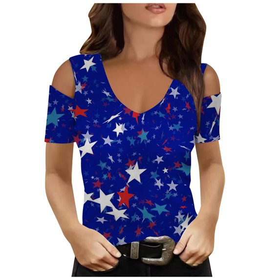 KBKYBUYZ Fashion Women's Summer V-Neck Casual Short Sleeve Print Strapless Blouse Top On Sale