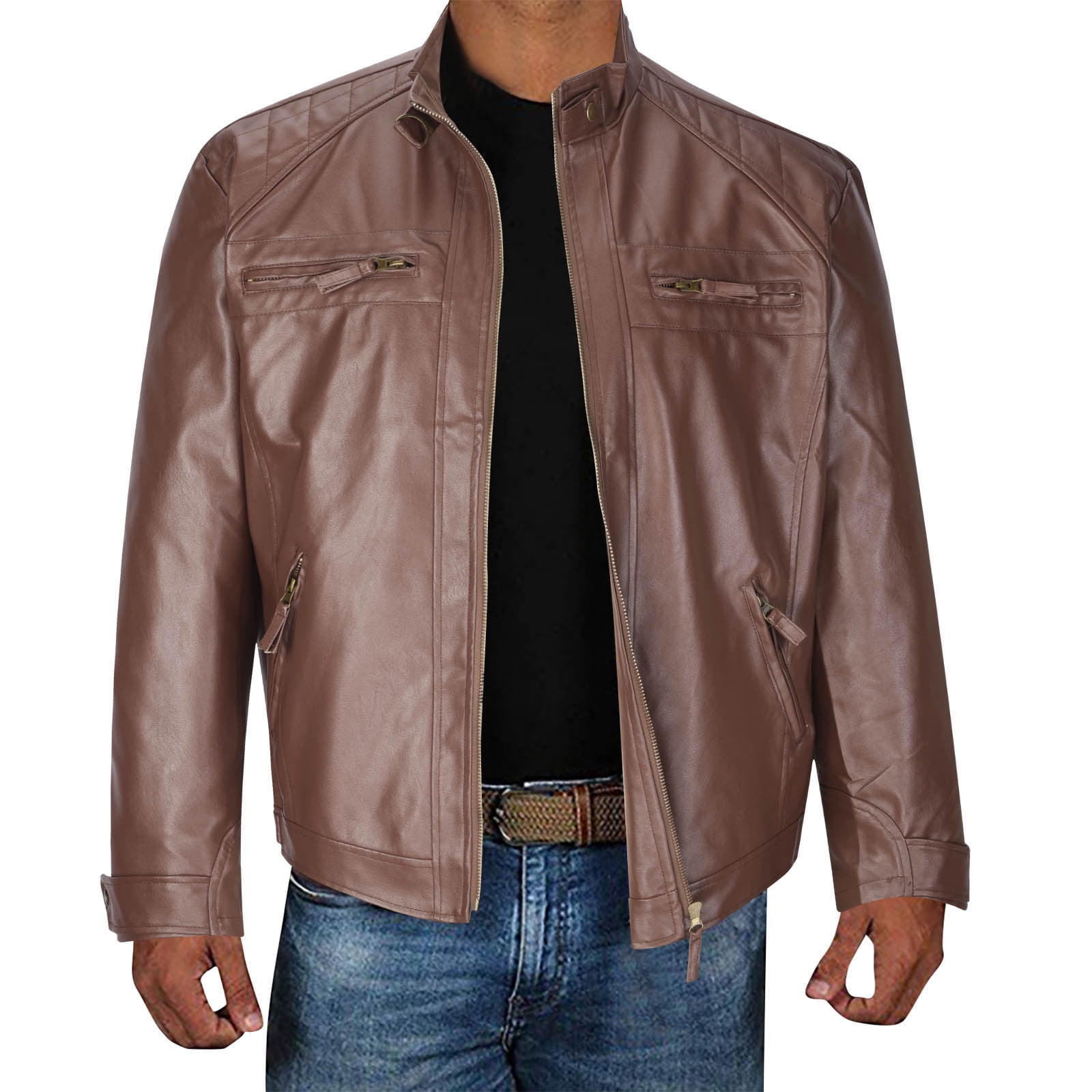 Mens Solid Color Stand Collar Zip Pocket Jacket