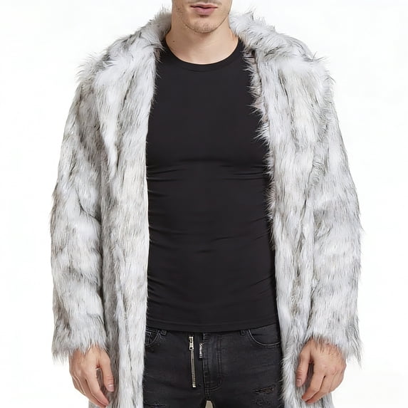 KBKYBUYZ Men's Faux Fox Fur Coat Turn-Down Collar Long Winter Jacket Gray L