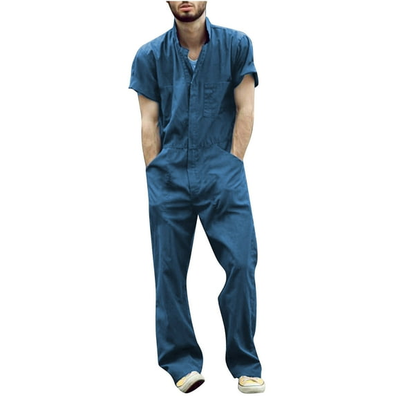 KBKYBUYZ Men's Short-Sleeve Work Coveralls Lightweight with Elastic Waist,Zip Front Overalls for Men,Stain Wrinkle Resistant Jumpsuit Cargo with Multi Pockets Trousers,Full Length Pants