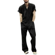 KBKYBUYZ Mens Short-Sleeve Work Coveralls Lightweight with Elastic Waist,Zip Front Overalls for Men,Stain Wrinkle Resistant Jumpsuit Cargo with Multi Pockets Trousers,Full Length Pants