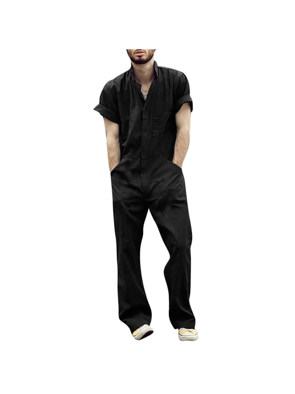 Men's Short-Sleeve Work Coveralls Lightweight with Elastic Waist,Zip Front Overalls for Men,Stain Wrinkle Resistant Jumpsuit Cargo with Multi Pockets Trousers,Full Length Pants