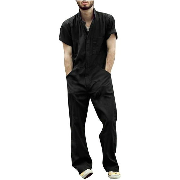 KBKYBUYZ Men's Short-Sleeve Work Coveralls Lightweight with Elastic Waist,Zip Front Overalls for Men,Stain Wrinkle Resistant Jumpsuit Cargo with Multi Pockets Trousers,Full Length Pants