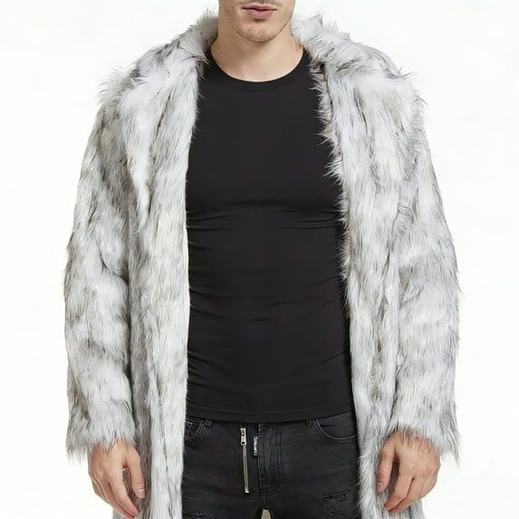 KBKYBUYZ Men's Faux Fox Fur Coat Turn-Down Collar Long Winter Jacket Gray L