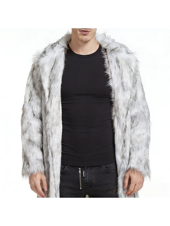 Men's Faux Fox Fur Coat Turn-Down Collar Long Winter Jacket Gray L