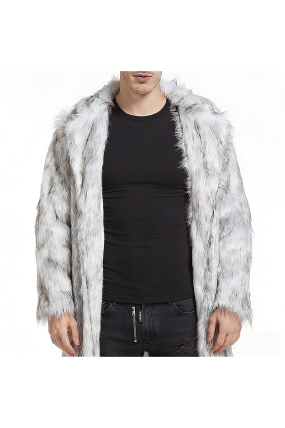 Men's Faux Fox Fur Coat Turn-Down Collar Long Winter Jacket Gray L