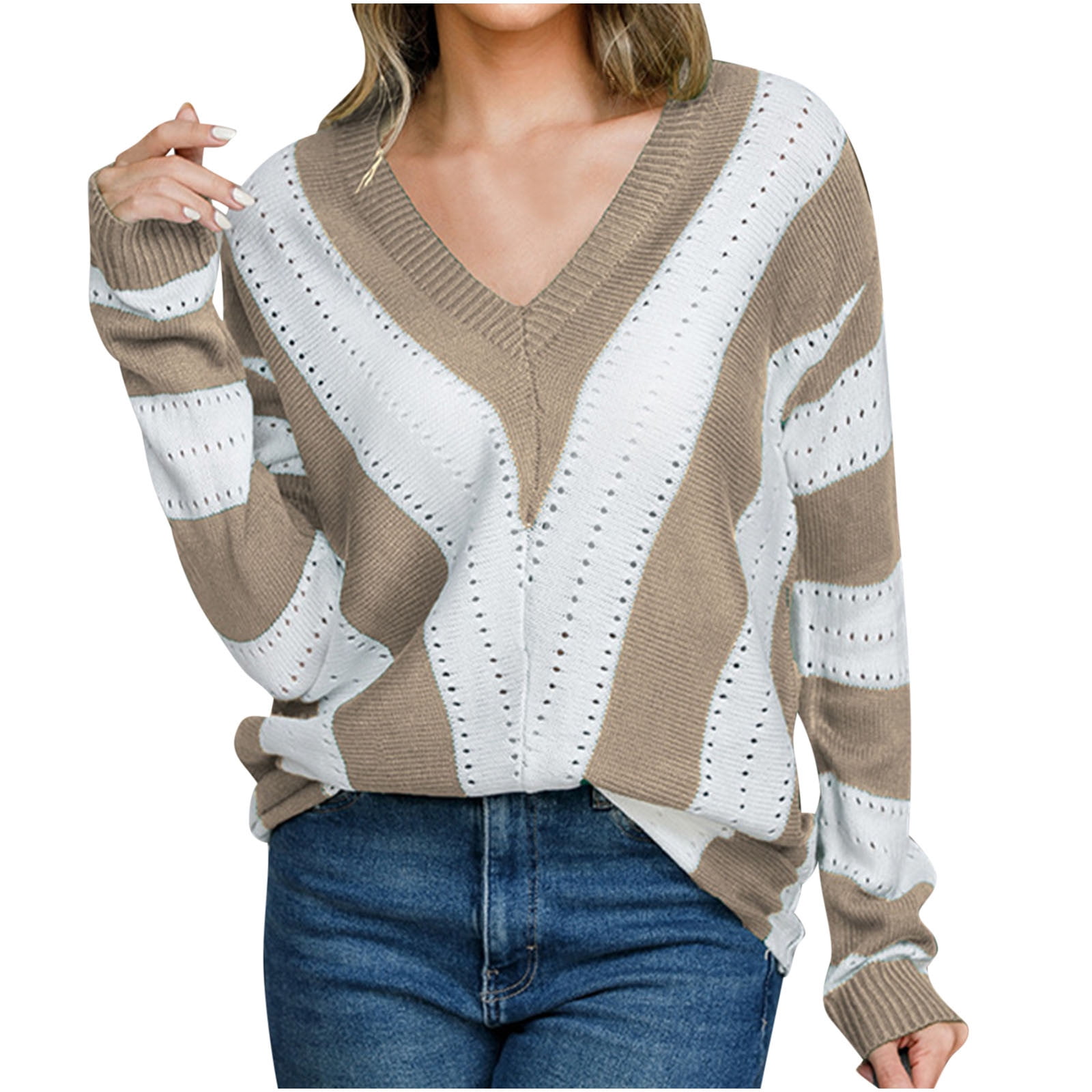 KBKYBUYZ Pullover Sweaters for Women Hooded Women‘s Winter Casual Striped Color Blocking VNeck