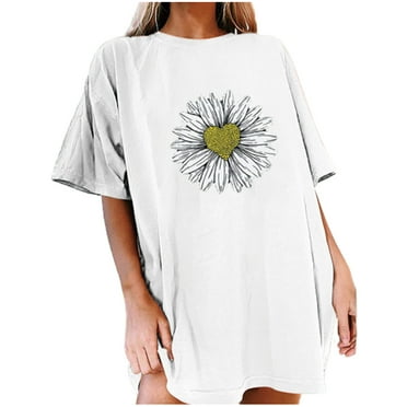 KBKYBUYZ Women Little Daisy Print O-Neck Loose Short Sleeve T-shirt Top Blouse Pullover