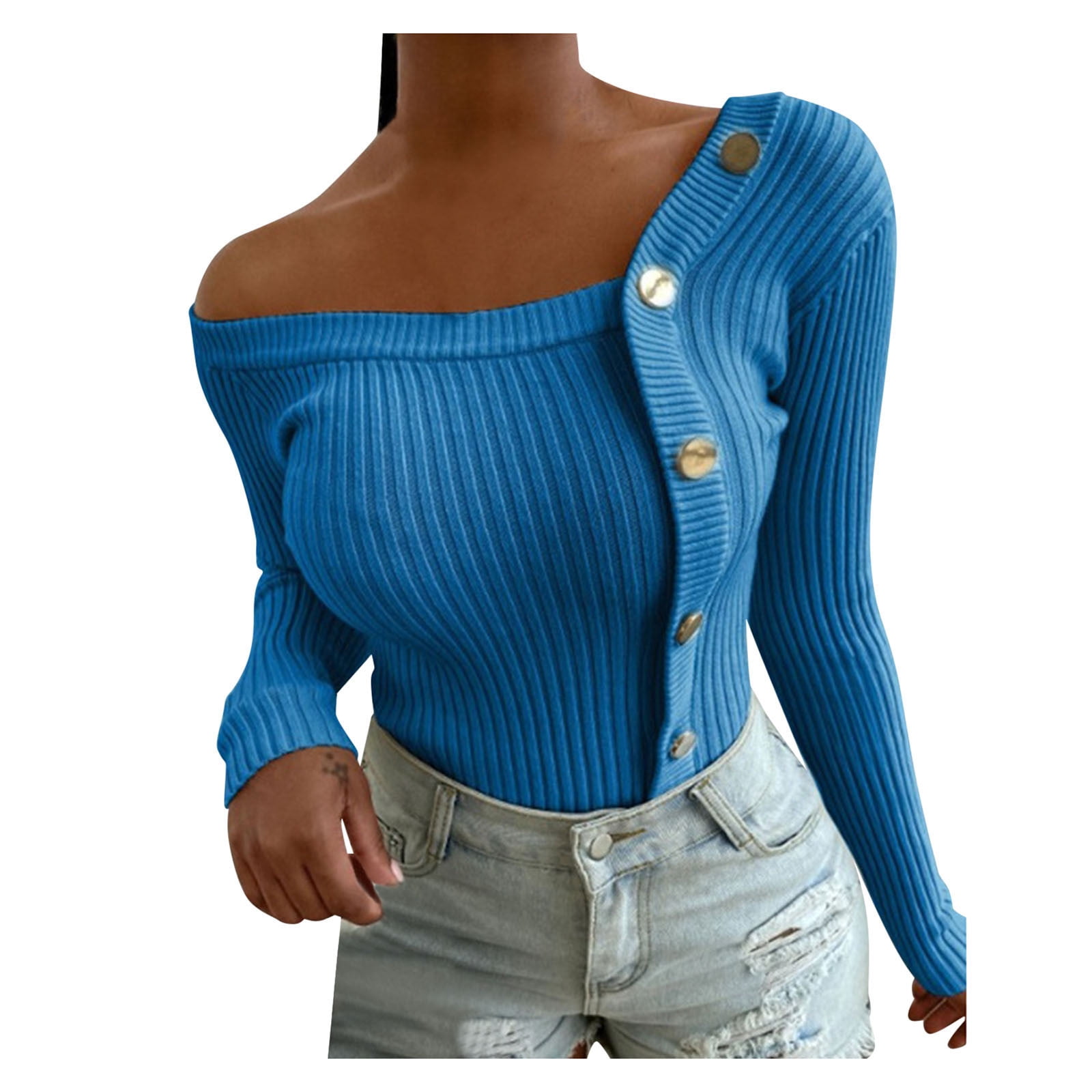 KBKYBUYZ Women Stylish One Shoulder Splicing Buttons Long Sleeve ...