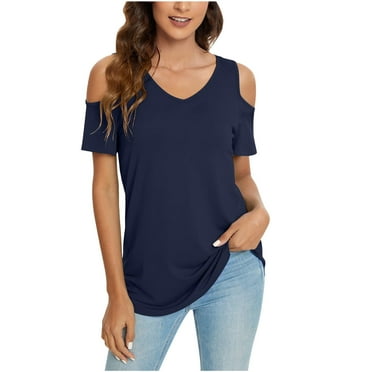 KBKYBUYZ Women's Comfy Casual Solid V-Neck Short Sleeve Loose T-Shirt Pullover Tops On Sale