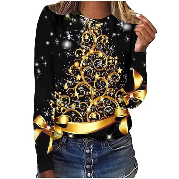 KBKYBUYZ Women's Fashion Printed Loose T-shirt Long Sleeves Blouse Round Neck Casual Tops