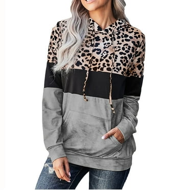 KBKYBUYZ Women's Leopard Print Tie Top Panel Long Sleeve Pocket Hoodie