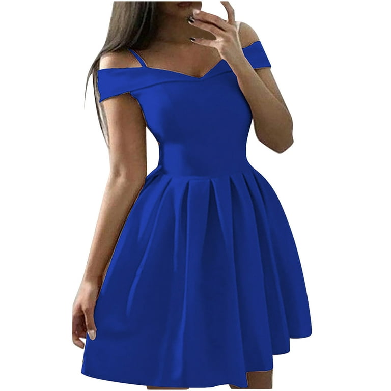 KBKYBUYZ Women's Solid Color Bra Off Shoulder Dress Waist Pleated Dress  Dress Large Swing Ball Dress