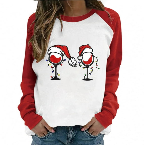 KBKYBUYZ Women's Spring Patchwork Christmas Printed Long Sleeves Round Neck Casual Tee Tops
