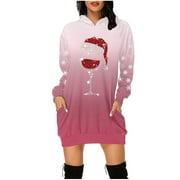 KBKYBUYZ Women's Warm Stylish Long Sleeve Hooded Christmas Print Pocket Sweatshirt Dress
