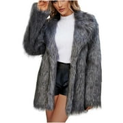KBKYBUYZ Womens Faux Fur Coats Warm Womens Ladies Warm Faux Furry Long Coat Jacket Winter Solid V-neck Outerwear On Sale