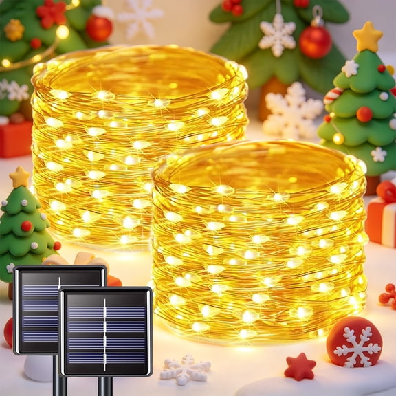 KBO 2 Pack 100 LED Solar Christmas Lights, Each 33 FT 8 Modes Solar String Lights Outdoor Waterproof, Copper Wire Solar Fairy Lights for Christmas Tree Garden Patio Fence Xmas Decorations Warm White