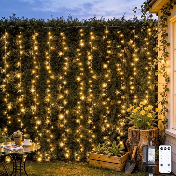KBO 300 LED Christmas Curtain Lights Outdoor, 9.8ft*9.8ft Remote Control Curtain String Lights Plug in, Warm White Wall Hanging Lights for Indoor Outside Bedroom Christmas Party Wedding Decor