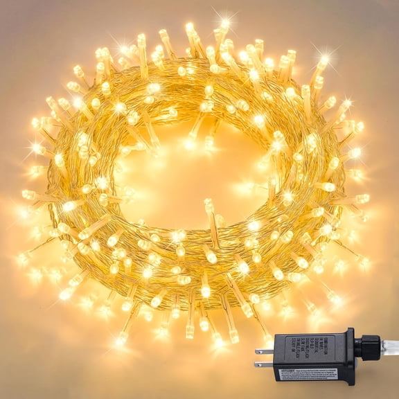KBO 33 FT 100 LED Warm White Christmas Lights Indoor, Connectable Clear Wire String Lights Plug in, 8 Modes Christmas Tree Lights for Outdoor Christmas Xmas Fireplace Bedroom Decorations