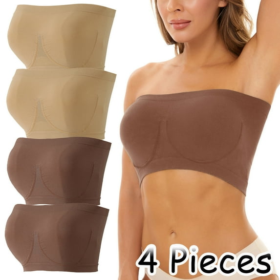KBODIU 4 Pack Women Bandeau Bras No Padded Strapless Bralette Bra Seamless Bandeau Tube Top Sports Bra Comfort Wireless Bra Full Coverage Strapless Bras 4PCS