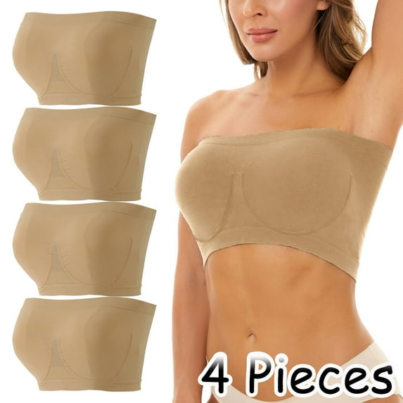 KBODIU 4 Pack Women Bandeau Bras No Padded Strapless Bralette Bra Seamless Bandeau Tube Top Sports Bra Comfort Wireless Bra Full Coverage Strapless Bras 4PCS