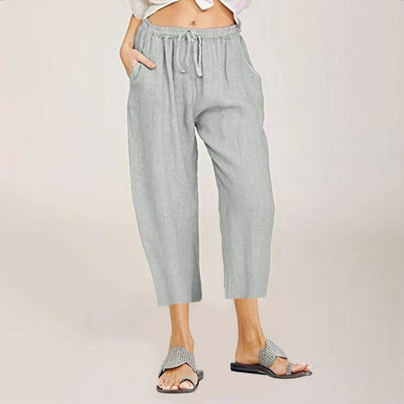 KBODIU Cargo Pants Women Mothers Day Gifts Casual Solid Cotton Linen Drawstring Elastic Waist Wide Leg Cropped Trousers Birthday Gifts for Women