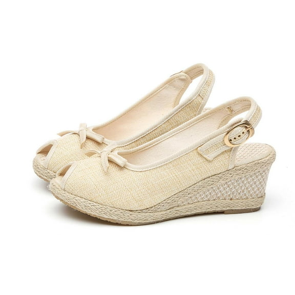 KBODIU Closed Toe Platform Wedge Sandals for Women, Women's High Heels Linen Straw Sandals Wedges Casual Canvas Dress Slippers Sandals