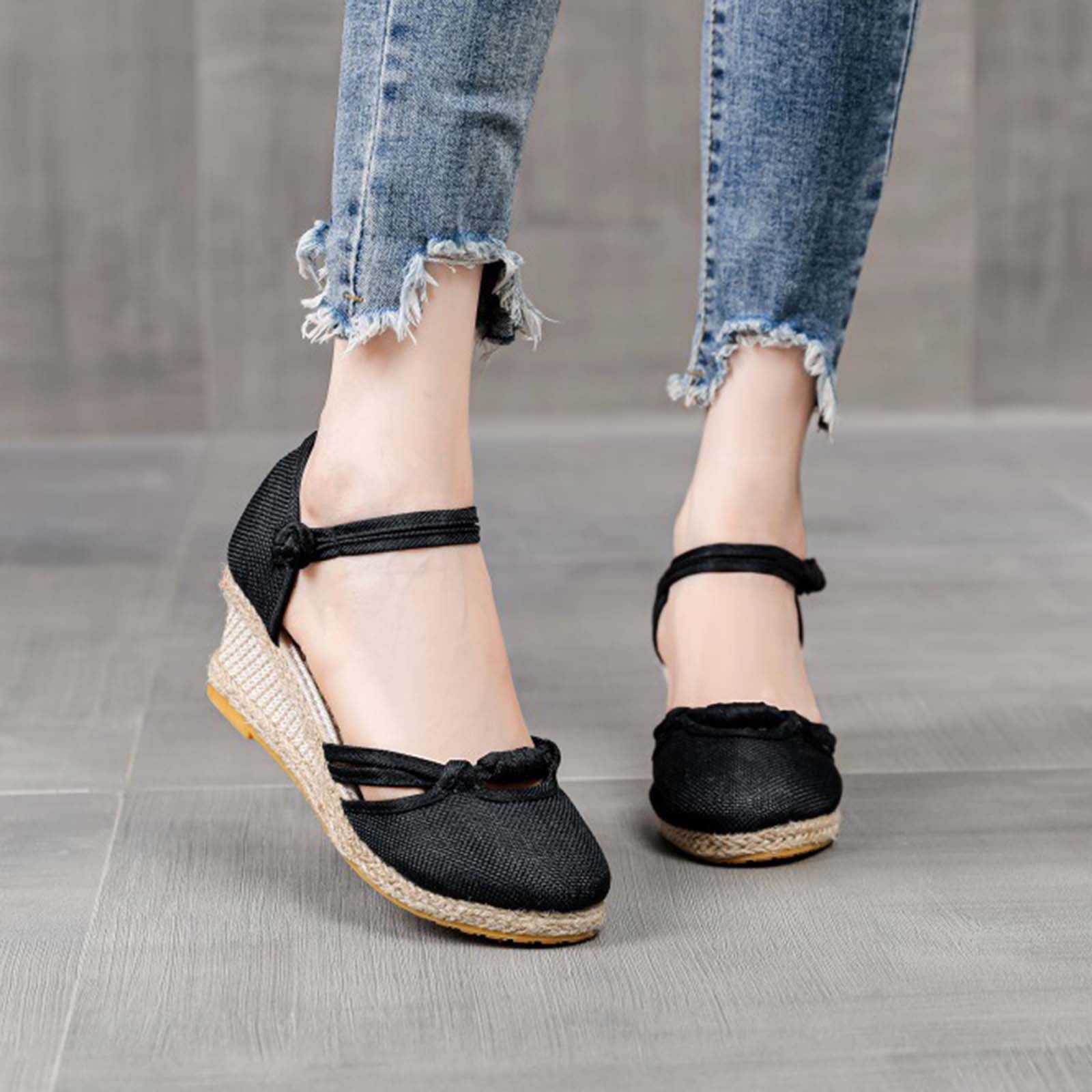 Vintage Boho Sandals Gnobogi Womens Closed Toe Wedges Shoes Platform  Slingback Mid Low Heel Canvas Dress Sandals - Walmart.com