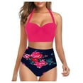 thumbnail image 1 of KBODIU Floral Print High Waist Crop Tops+Shorts Two Piece Swimwear HalterBeachwear Womens Swimsuits Bikini Sets Tankini Bathing Suits for Women Hot Pink 4XL, 1 of 3