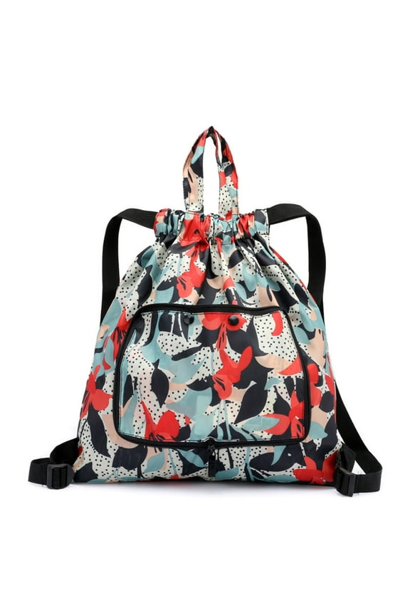 Foldable Large Capacity Travel Backpack Drawstring Pocket Waterproof Ultra Light Nylon Cloth Multifunctional Print Foldable Bag Organizer Organization and Storage