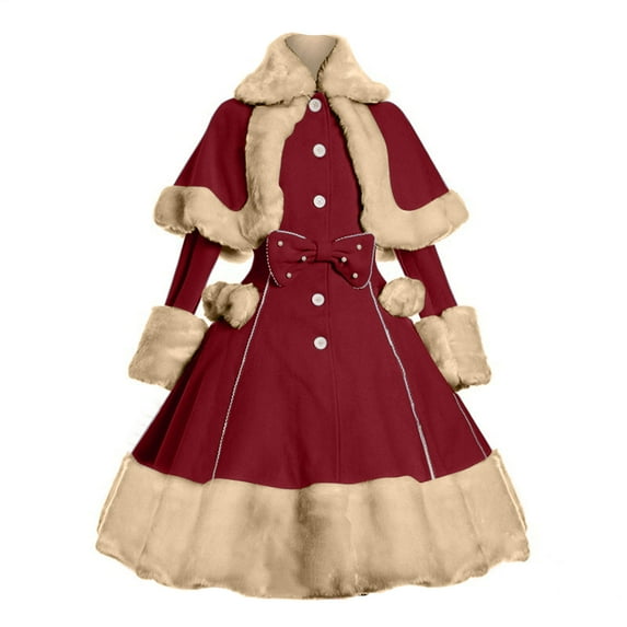 KBODIU Gothic Vintage Prom Dress Womens Long Sleeve Woolen Court Ball Ceremony Dress Winter Plush Stitching Two Piece Outfits Bow Cape and Vintage Goth Dresses for Party