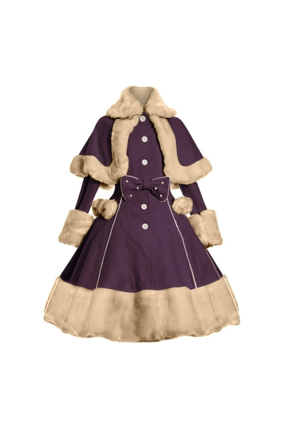 Gothic Vintage Prom Dress Womens Long Sleeve Woolen Court Ball Ceremony Dress Winter Plush Stitching Two Piece Outfits Bow Cape and Vintage Goth Dresses for Party