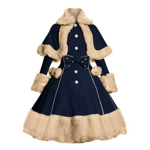 KBODIU Gothic Vintage Prom Dress Womens Long Sleeve Woolen Court Ball Ceremony Dress Winter Plush Stitching Two Piece Outfits Bow Cape and Vintage Goth Dresses for Party