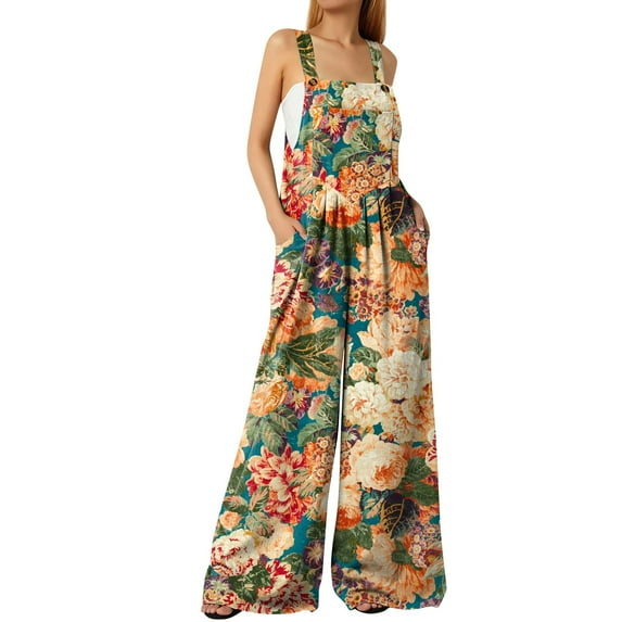 KBODIU Jumpsuits for Women Button Pockets Printed Loose Casual Wide Leg Pants Rompers Bodysuit for Women Orange L