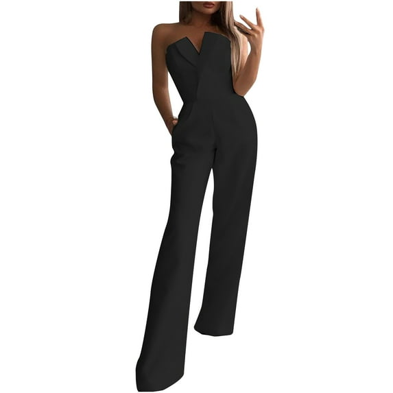 KBODIU Jumpsuits for Women Casual Sexy Sleeveless Solid Color Wide Leg Pants Rompers Bodysuit for Women Black M