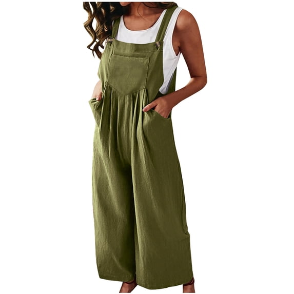 KBODIU Jumpsuits for Women Cotton Solid Color Sleeveless Pockets Casual Side Button Wide Leg Linen Pants Rompers Bodysuit for Women Army Green XL