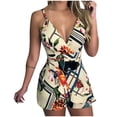 thumbnail image 1 of KBODIU Jumpsuits for Women Leaf and Stripe Printed Sling Shorts with Belt Rompers Bodysuit for Women Beige M, 1 of 6