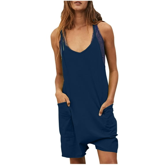 KBODIU Jumpsuits for Women Scoop Solid Neck Sleeveless Casual Rompers with Pockets Shorts Bodysuit for Women Dark Blue L