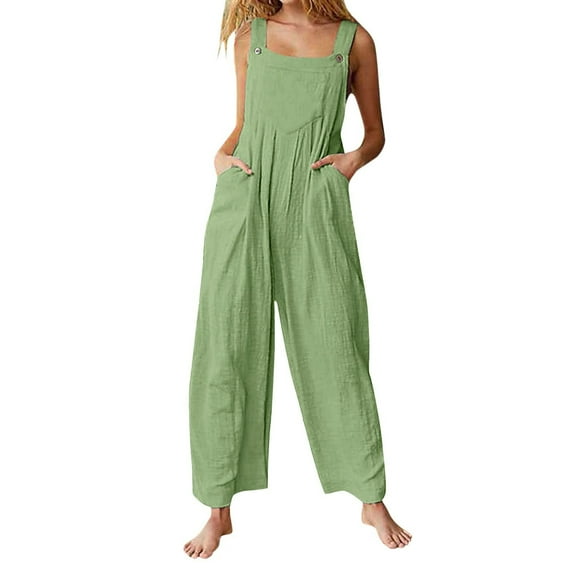 KBODIU Jumpsuits for Women Solid Casual Camis Pockets Sleeveless Suspender Wide Leg Pants Rompers Bodysuit for Women Green XL