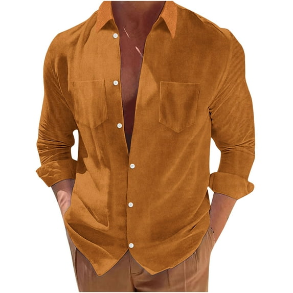 KBODIU Mens Corduroy Shirt Casual Button Down Long Sleeve Ribbed Fall Tops Slim Fit Casual Warm Turn-down Collar Shirts Men's Lightweight Corduroy Jacket with Flap Pockets