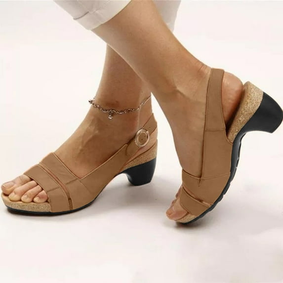 KBODIU Sandals Women Athletic Comfortable Outdoor Sandals with Arch Support Walking Sandals Elegant Low Chunky Heel Summer Thick Heel Sandals Pumps Buckle Open Toe Casual Brown 36