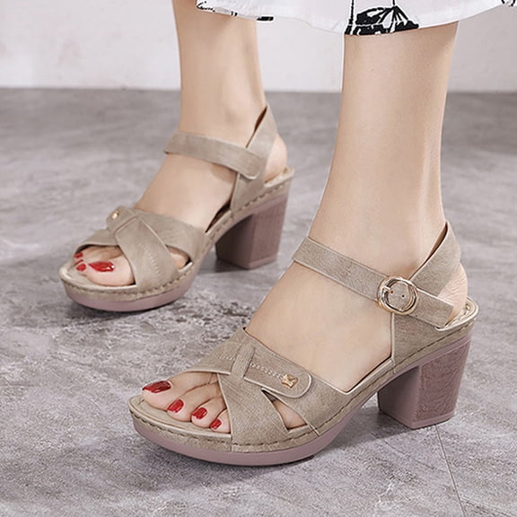 KBODIU Sandals Women Athletic Comfortable Outdoor Sandals with Arch Support Walking Sandals Sandals Casual Imitation Wood Thick High Heel Elegant Buckle Vintage Roman Beige 41