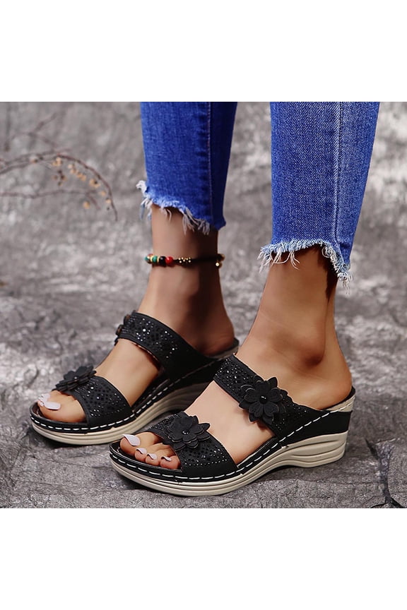 Sandals Women Athletic Comfortable Outdoor Sandals with Arch Support Walking Sandals Summer Retro Casual Flowers High-heeled Flat-bottomed Wedge Slippers for Spot/Beach/Travel/Home Black 37