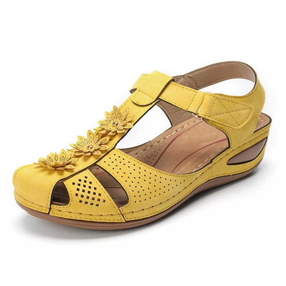 KBODIU Sandals Women Athletic Comfortable Outdoor Sandals with Arch Support Walking Sandals for Women Hollow Flowers Round Toe Sandals Soft Sole for Spot/Beach/Travel/Home Yellow 40