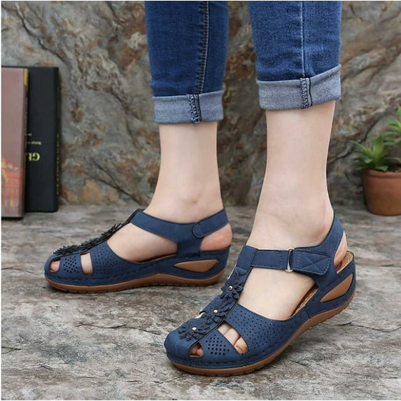 KBODIU Sandals Women Athletic Comfortable Outdoor Sandals with Arch Support Walking Sandals for Women Hollow Flowers Round Toe Sandals Soft Sole for Spot/Beach/Travel/Home Blue 43