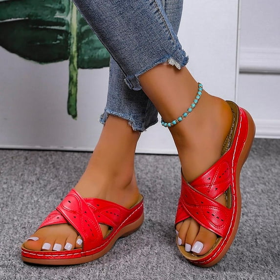 KBODIU Sandals Women Athletic Comfortable Outdoor Sandals with Arch Support Walking Sandals for Women Sandals Car Stitched Thick Bottom Cross Wedge Half Slippers for Spot/Beach/Home Red 35