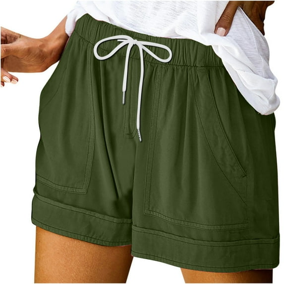 KBODIU Shorts for Women Solid Casual Cotton Drawstring Shorts Comfy Elastic Waist Lightweight with Pockets Pants Army Green XL
