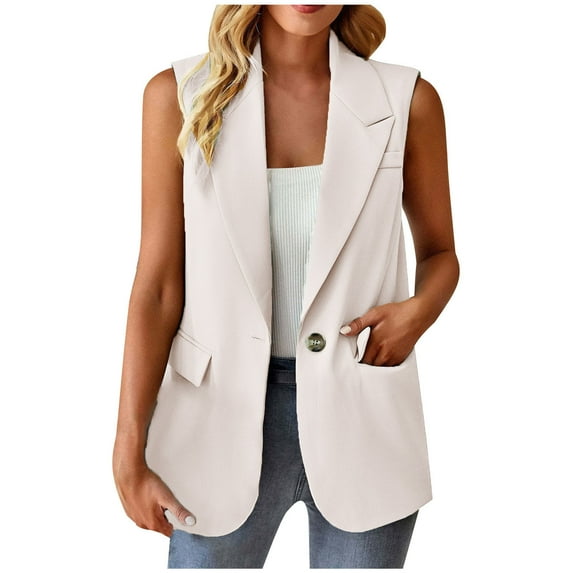KBODIU Sleeveless Blazer Jackets for Women Casual Lightweight Solid Color Open Front Vest Lapel Cardigan with Pockets Business Small Suit Jacket White S