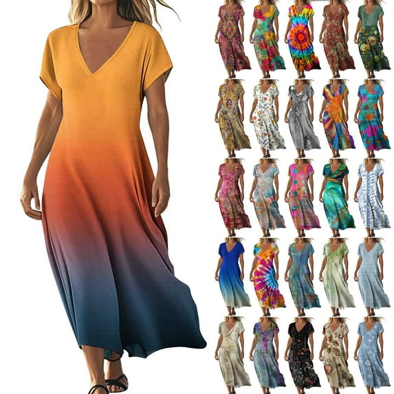 KBODIU Summer Dresses for Women 2023 Casual Loose Short Sleeve Long Dress Maxi Beach Sundresss with Pockets Orange XXL
