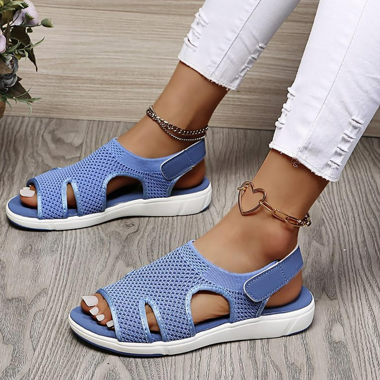 KBODIU Summer Flat Sandals Women Mothers Day Gifts Beach Breathable Elastic Webbing Platform Casual Sandals Shoes Blue Size 37